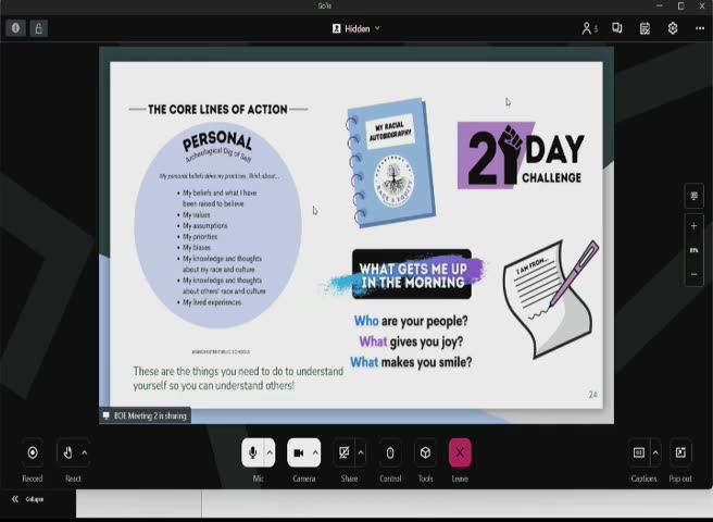 Slide: The Core Lines of Action with personal reflection prompts