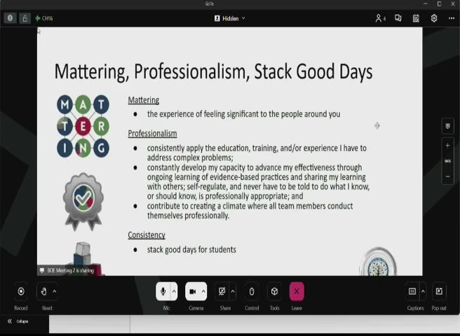 Mattering and professionalism slide with goals