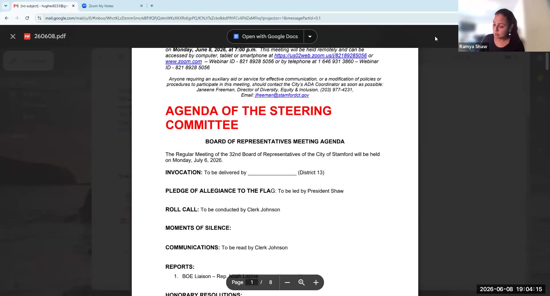 Steering Committee agenda title page with meeting details