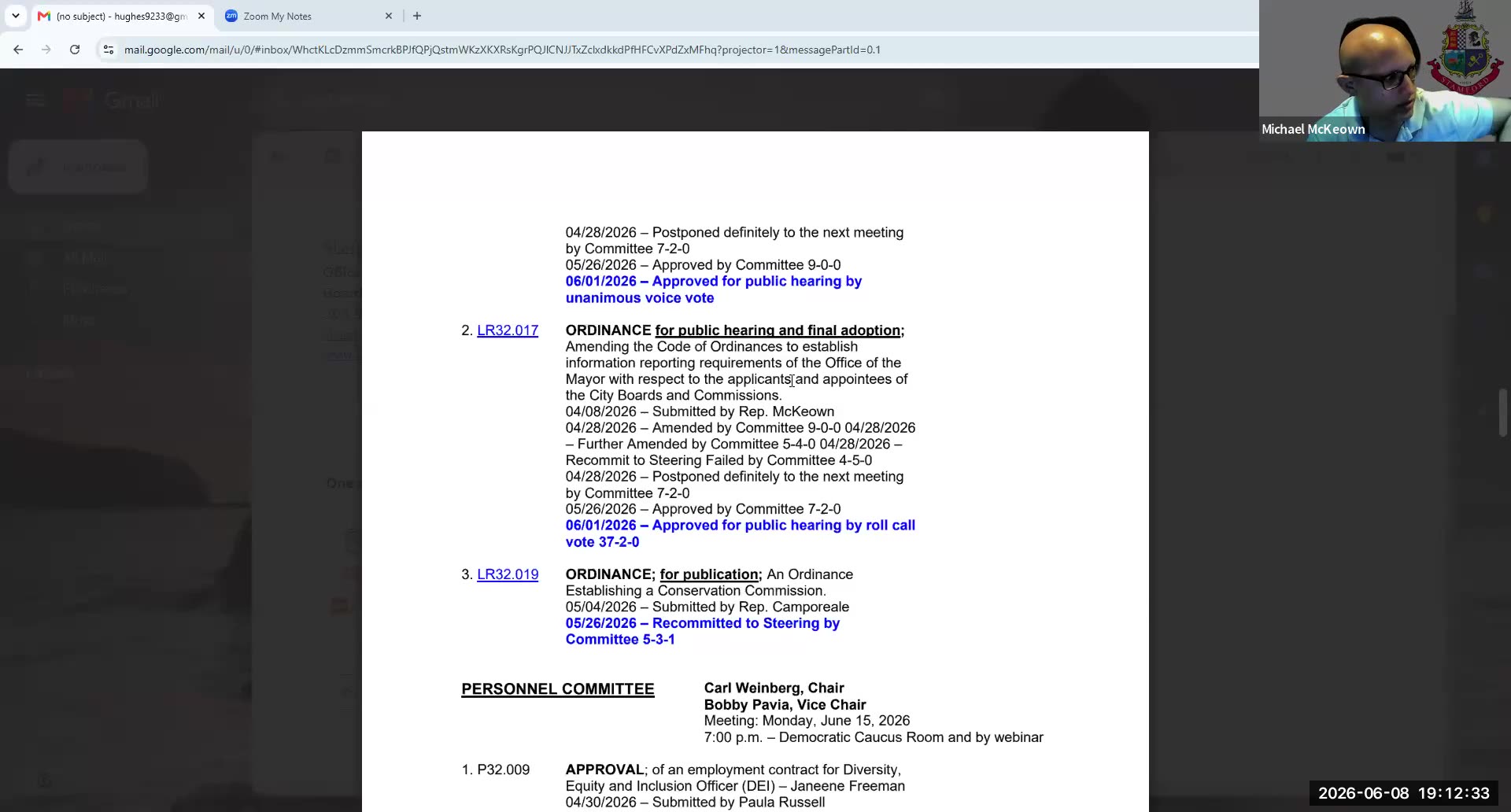 Additional legislative ordinances and personnel items