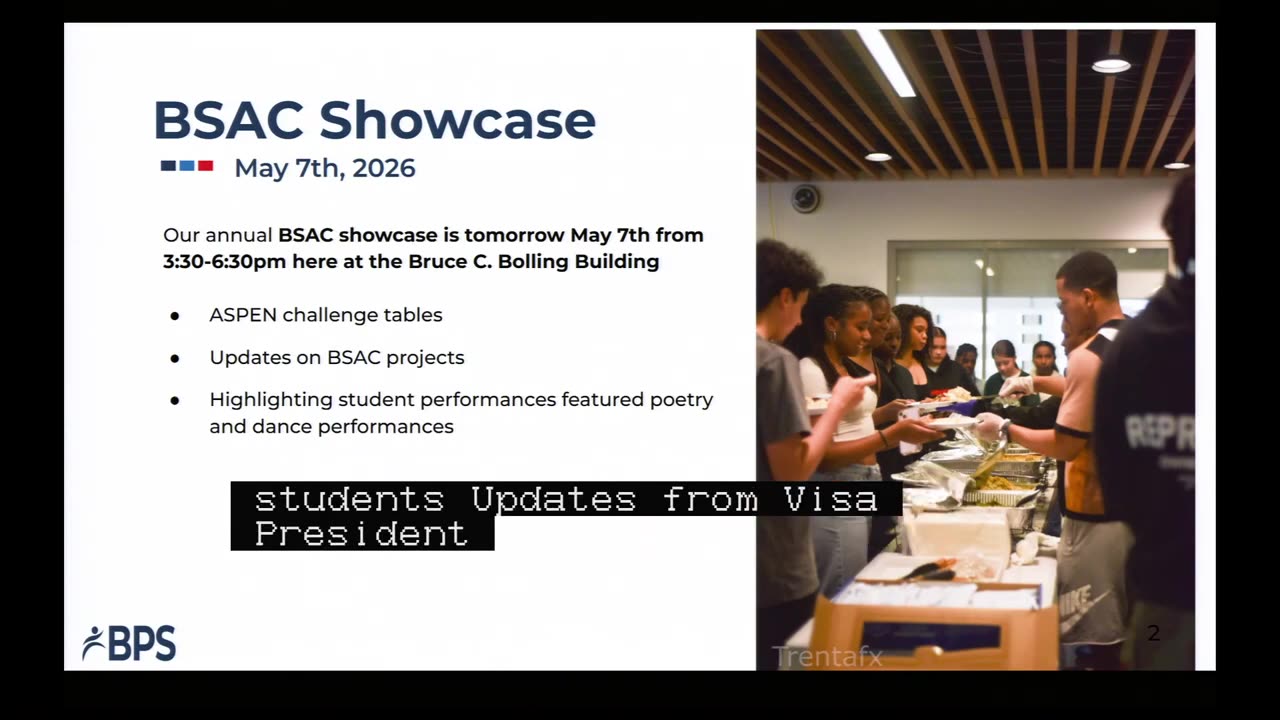 BSAC Showcase slide: event date, agenda, and student photo