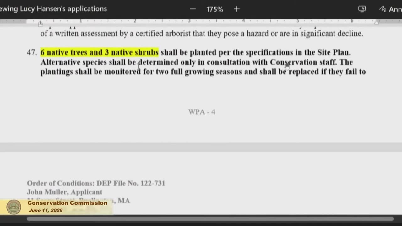 Order of Conditions page highlighting native tree and shrub requirements
