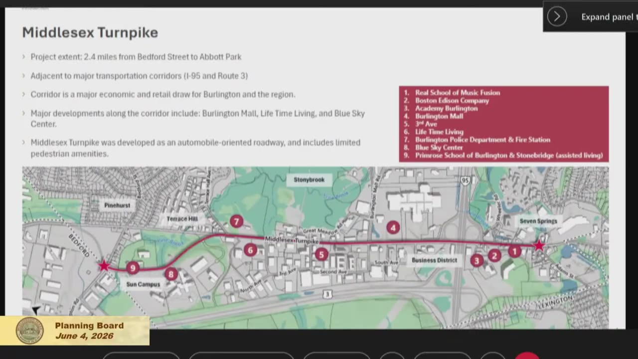 Middlesex Turnpike project map with key developments