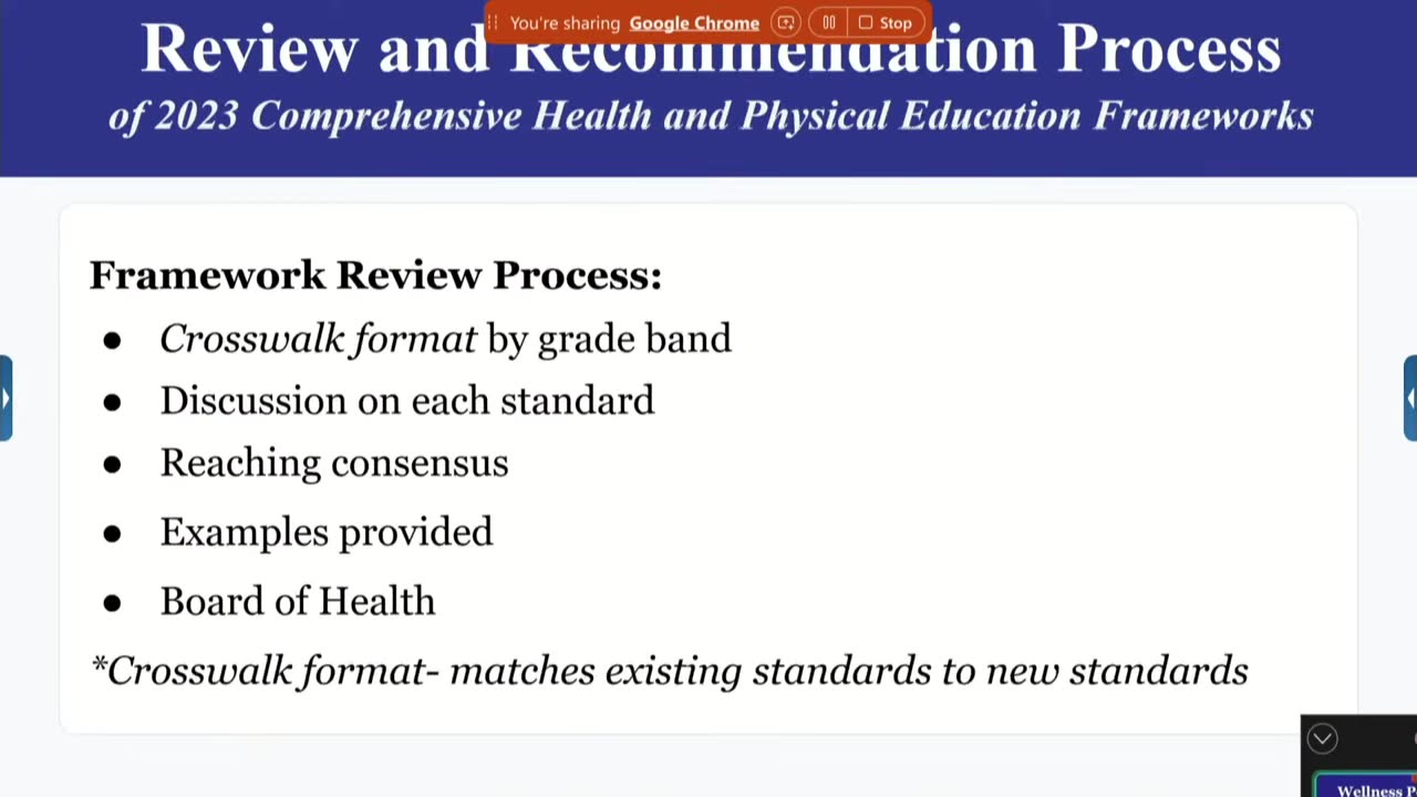 Health & PE Frameworks review process slide with bullets