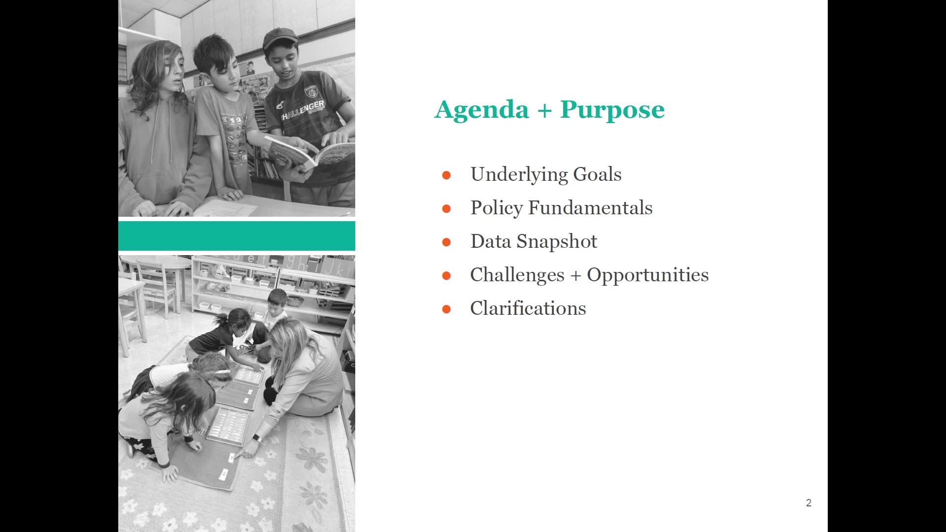 Agenda + Purpose slide with classroom photos