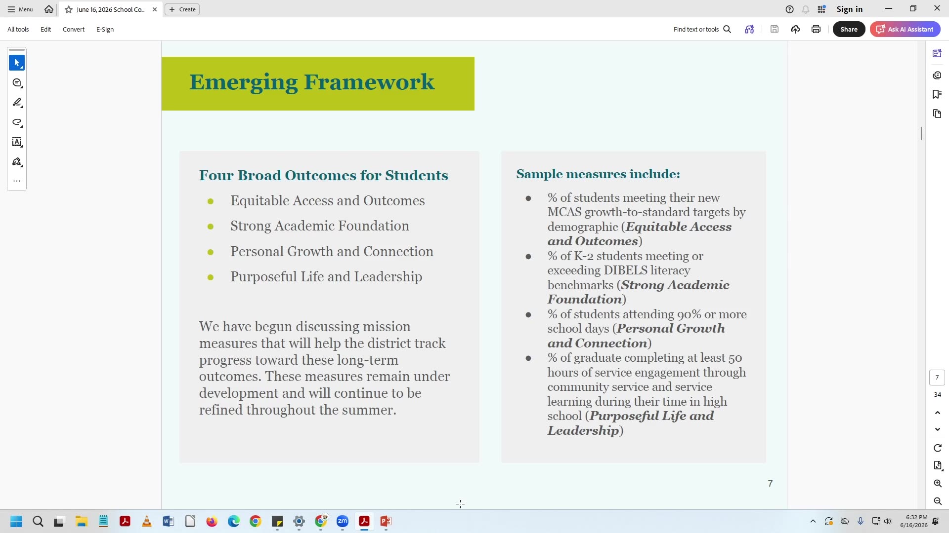 Presentation slide: Emerging Framework with four student outcomes and sample measures