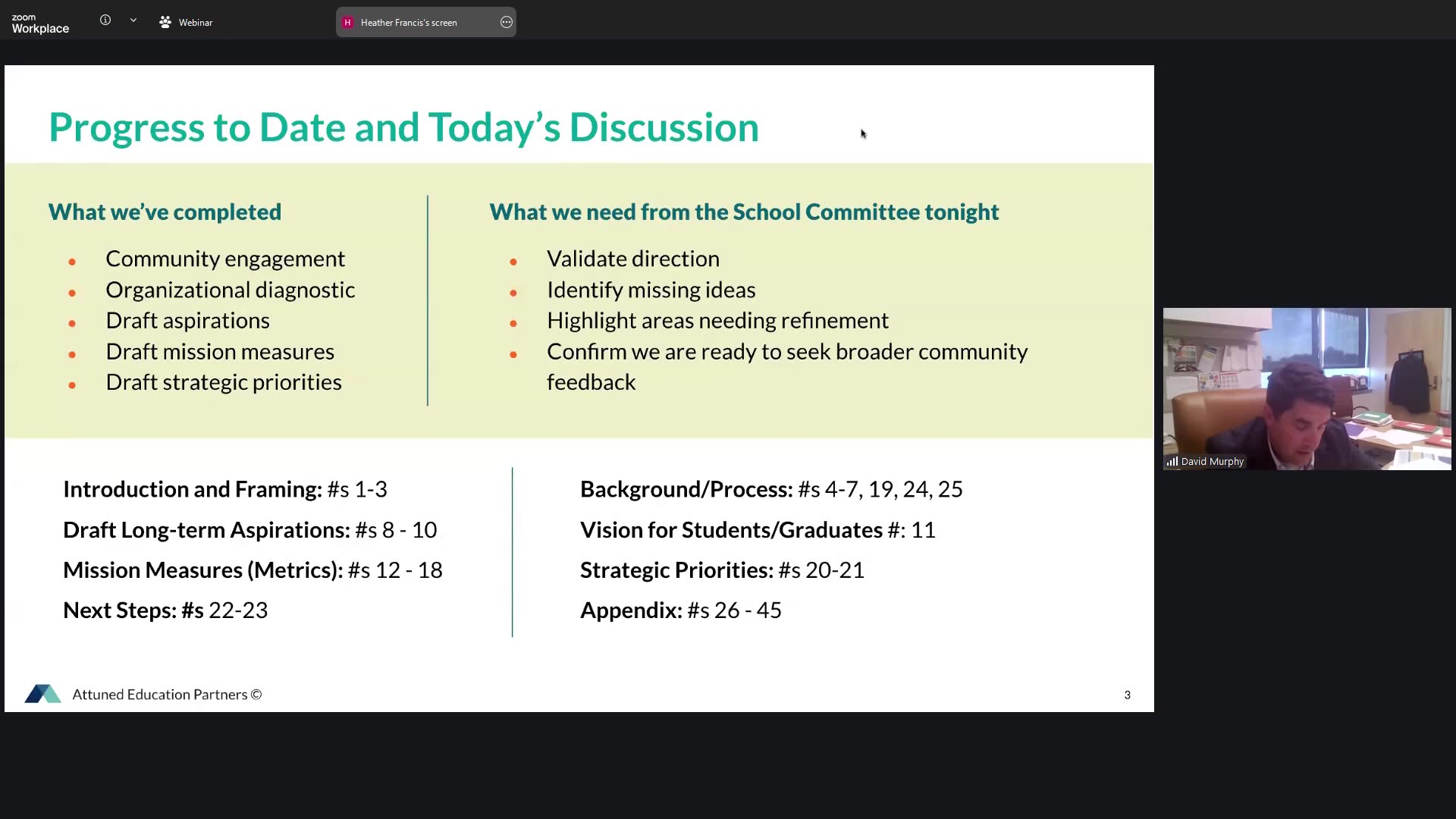Progress to date and discussion agenda slide