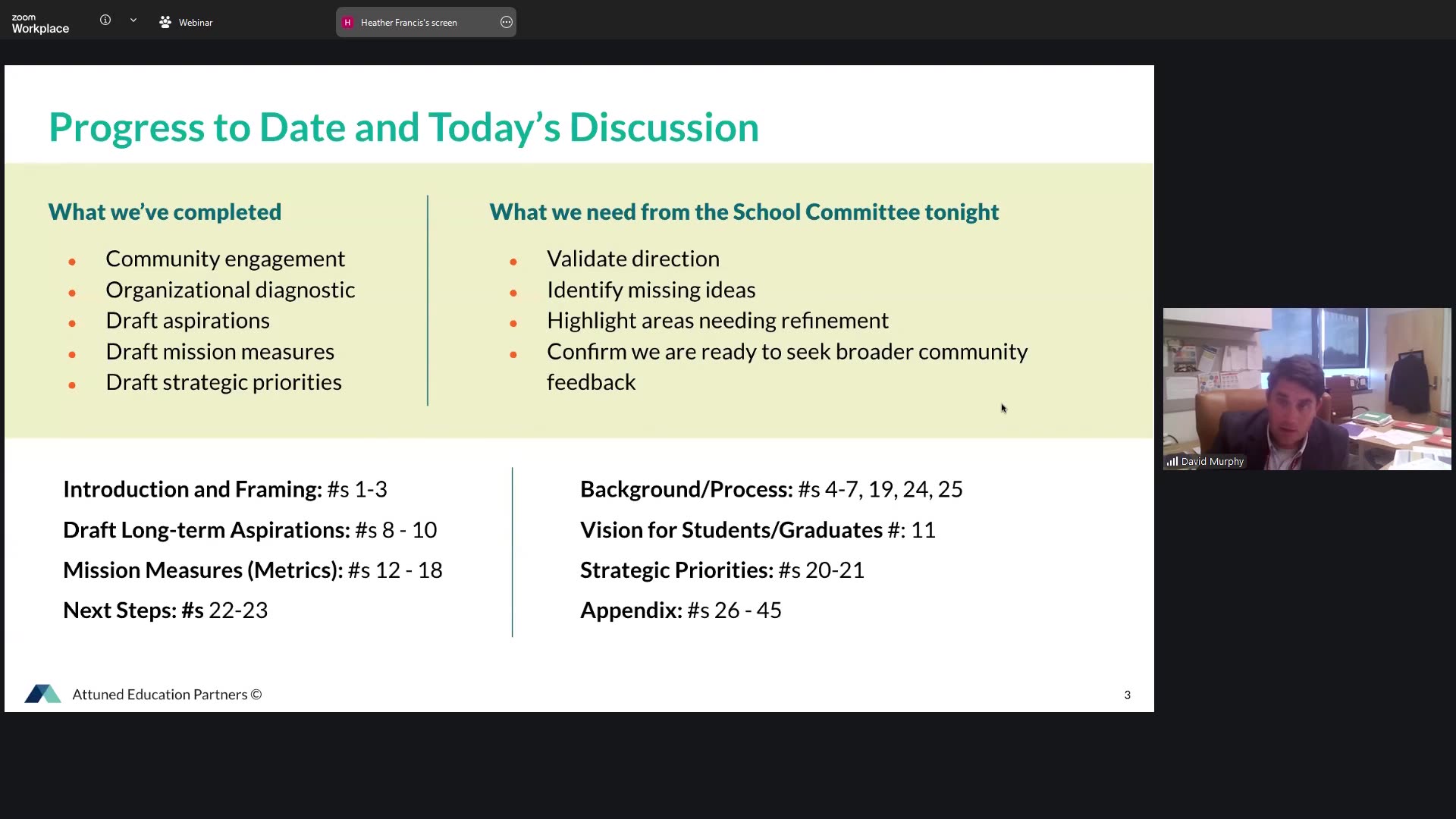 Progress to date and discussion agenda slide