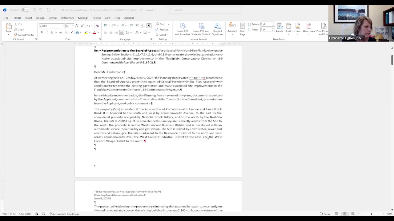 Planning Board recommendation letter, page 1