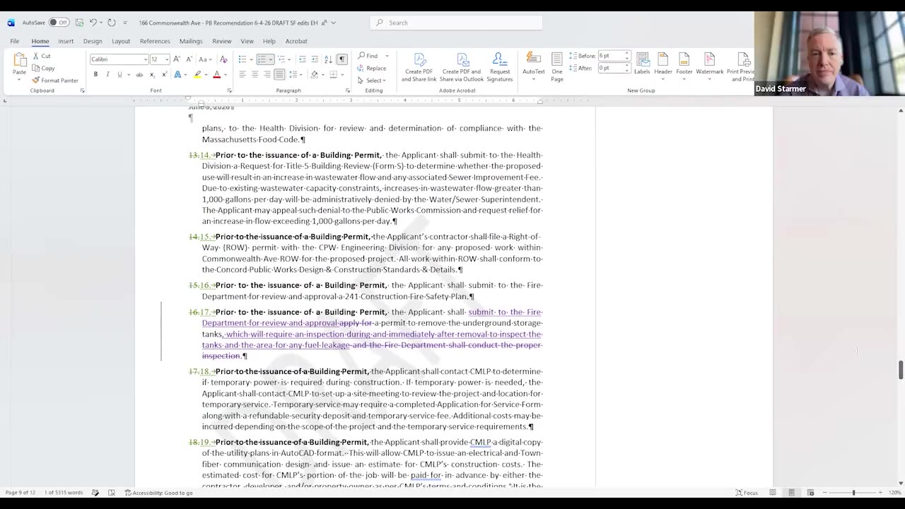 Planning Board conditions 13-19 for building permit