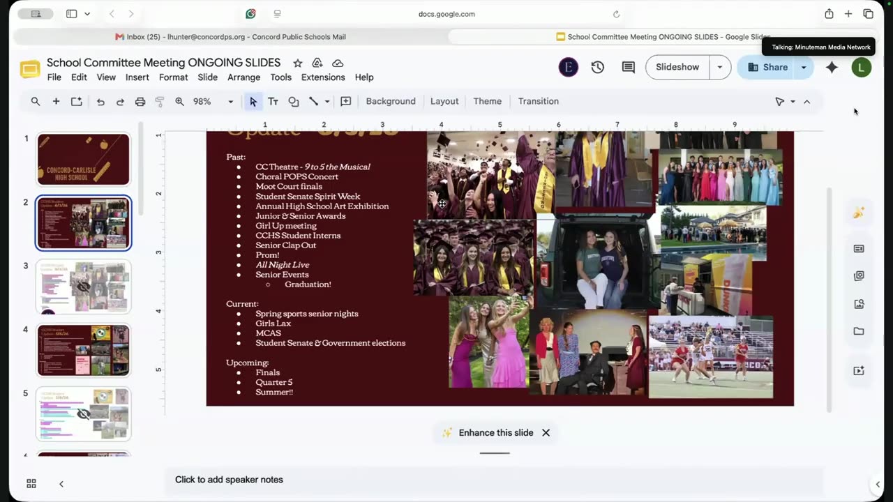 School Committee meeting slides: past/current/upcoming events and photos