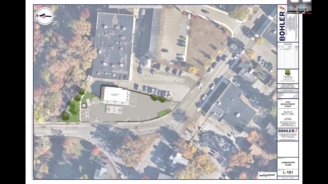 Color aerial site plan showing proposed building, parking, and landscaping