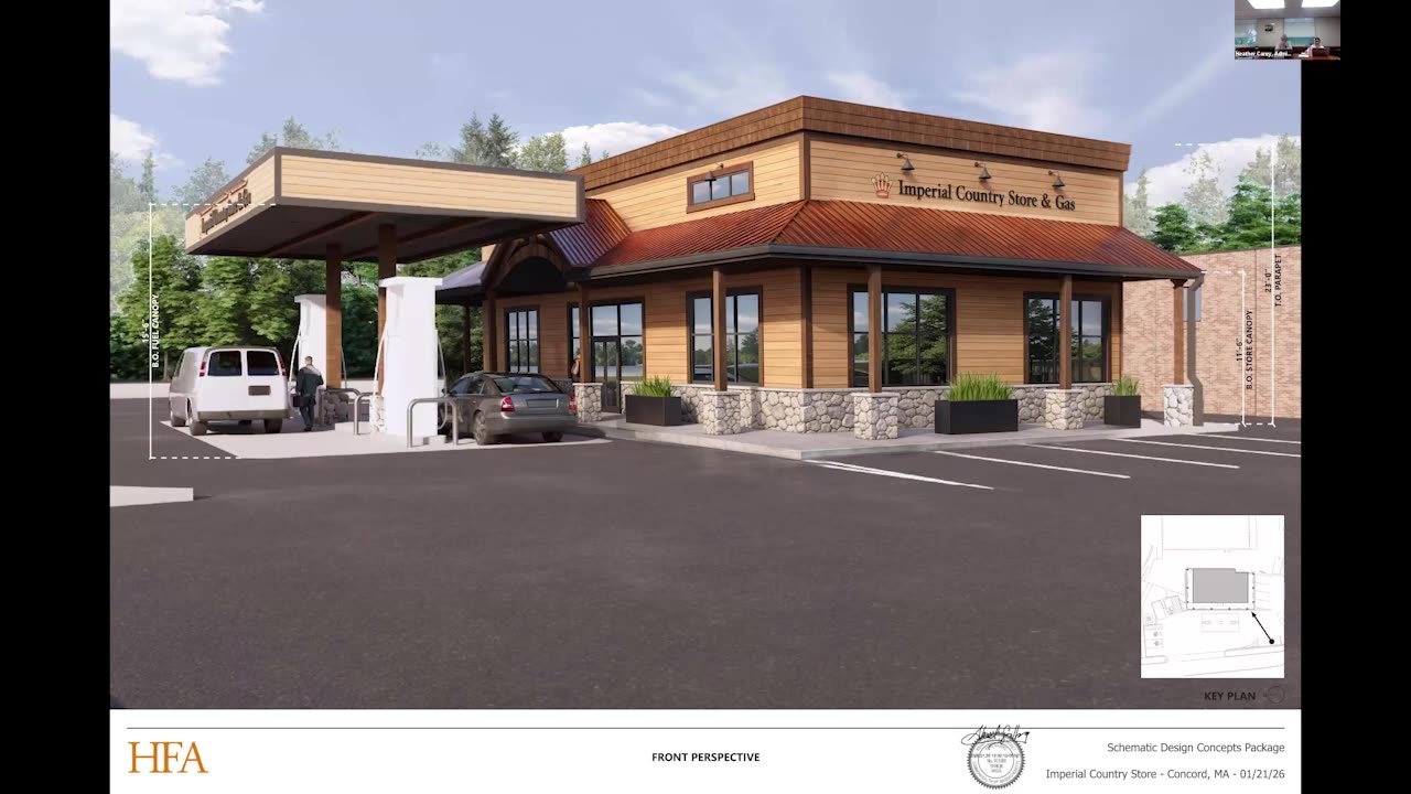 Front perspective architectural rendering of proposed country store and gas station