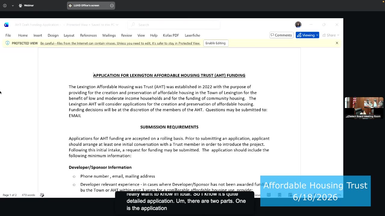 AHT funding application document on screen