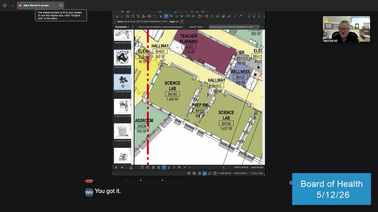 Building floor plan showing science labs, hallways, and room dimensions