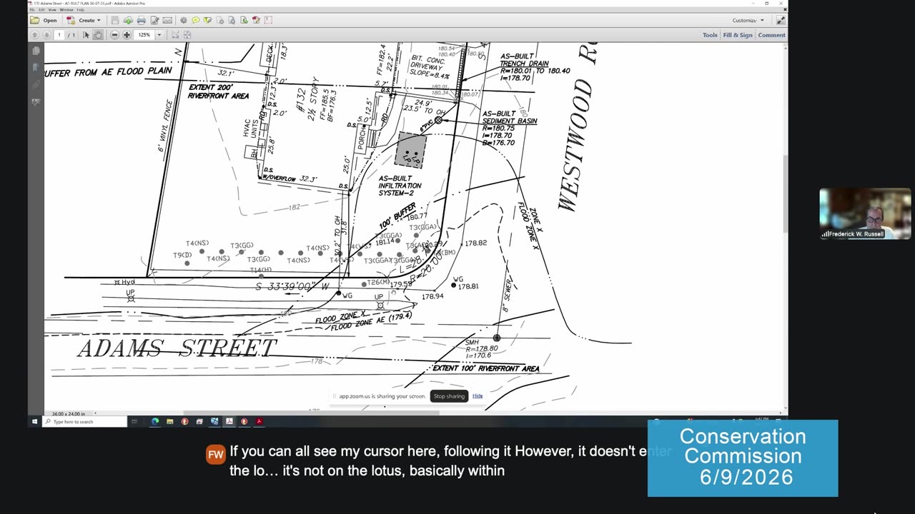 Detailed site map showing Adams Street, buffers, and drainage features