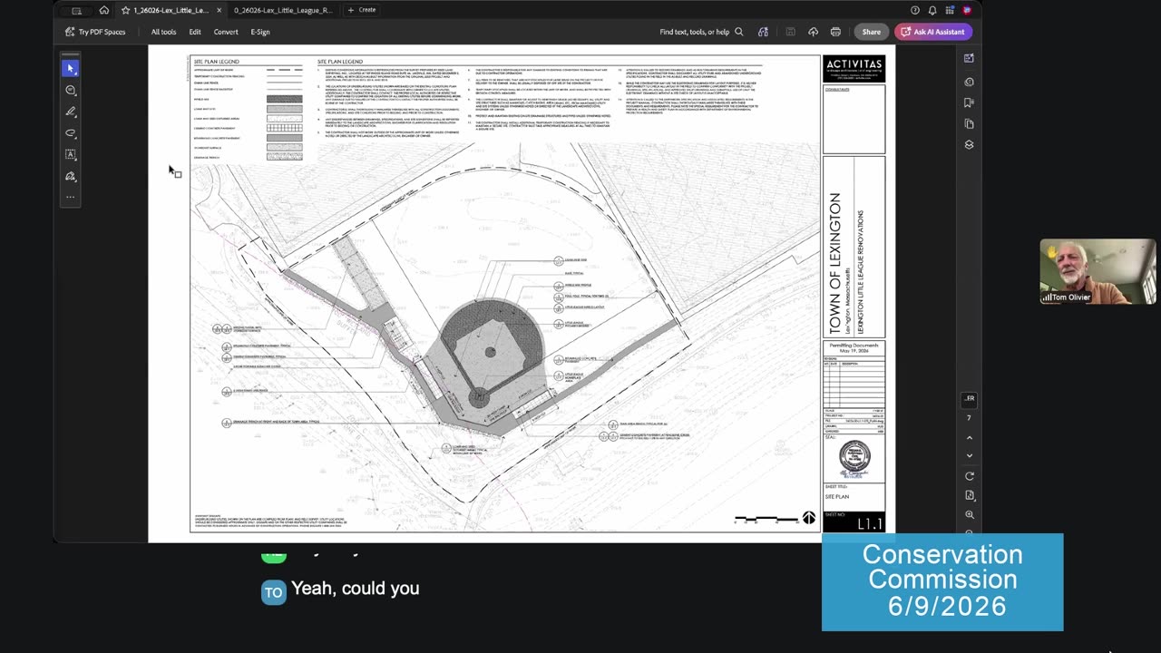 Site plan for Lexington Little League renovations with legend and labels