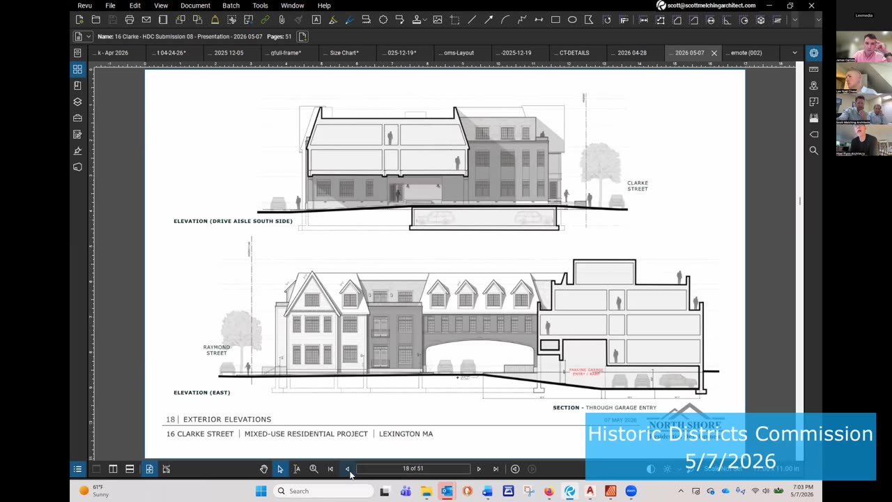 Exterior building elevations and garage entry section