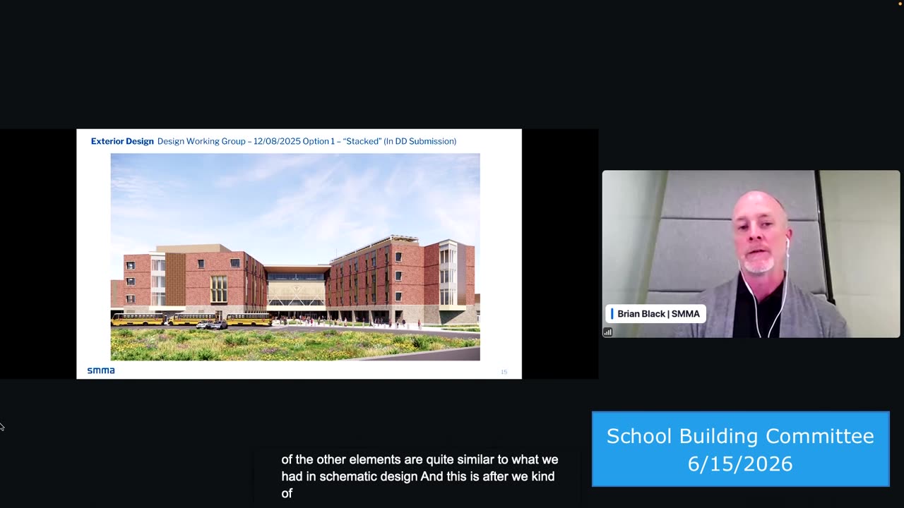 Exterior rendering of school building with buses and landscaping