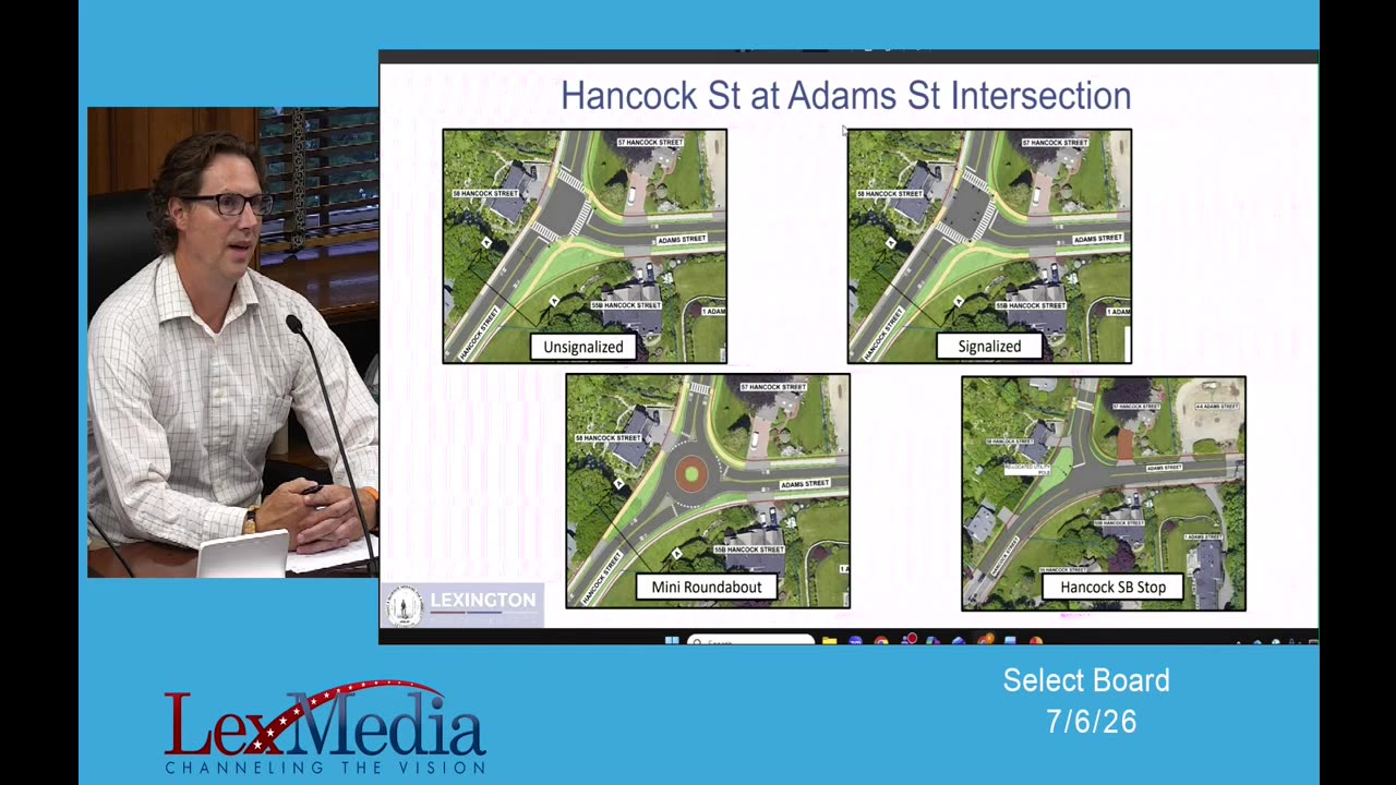 Hancock St at Adams St intersection options: unsignalized, signalized, mini roundabout, SB stop