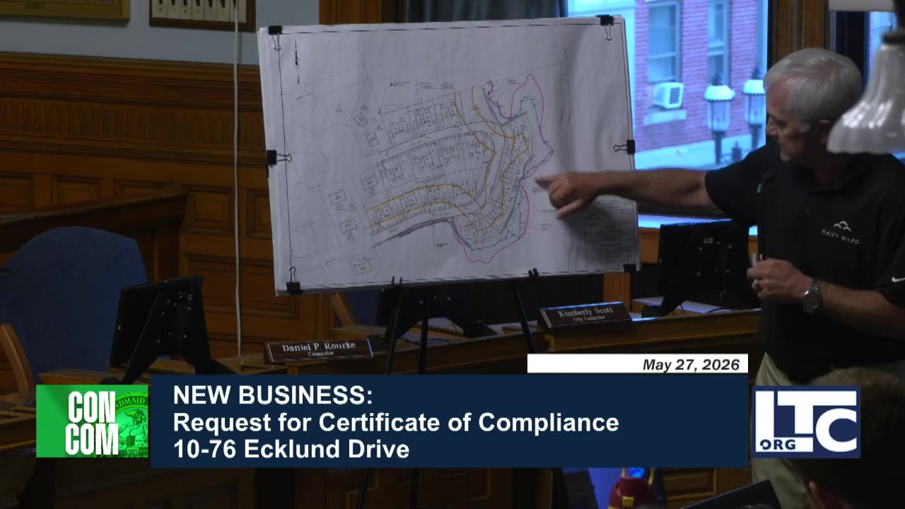 Large site plan for 10-76 Ecklund Drive on easel with annotations