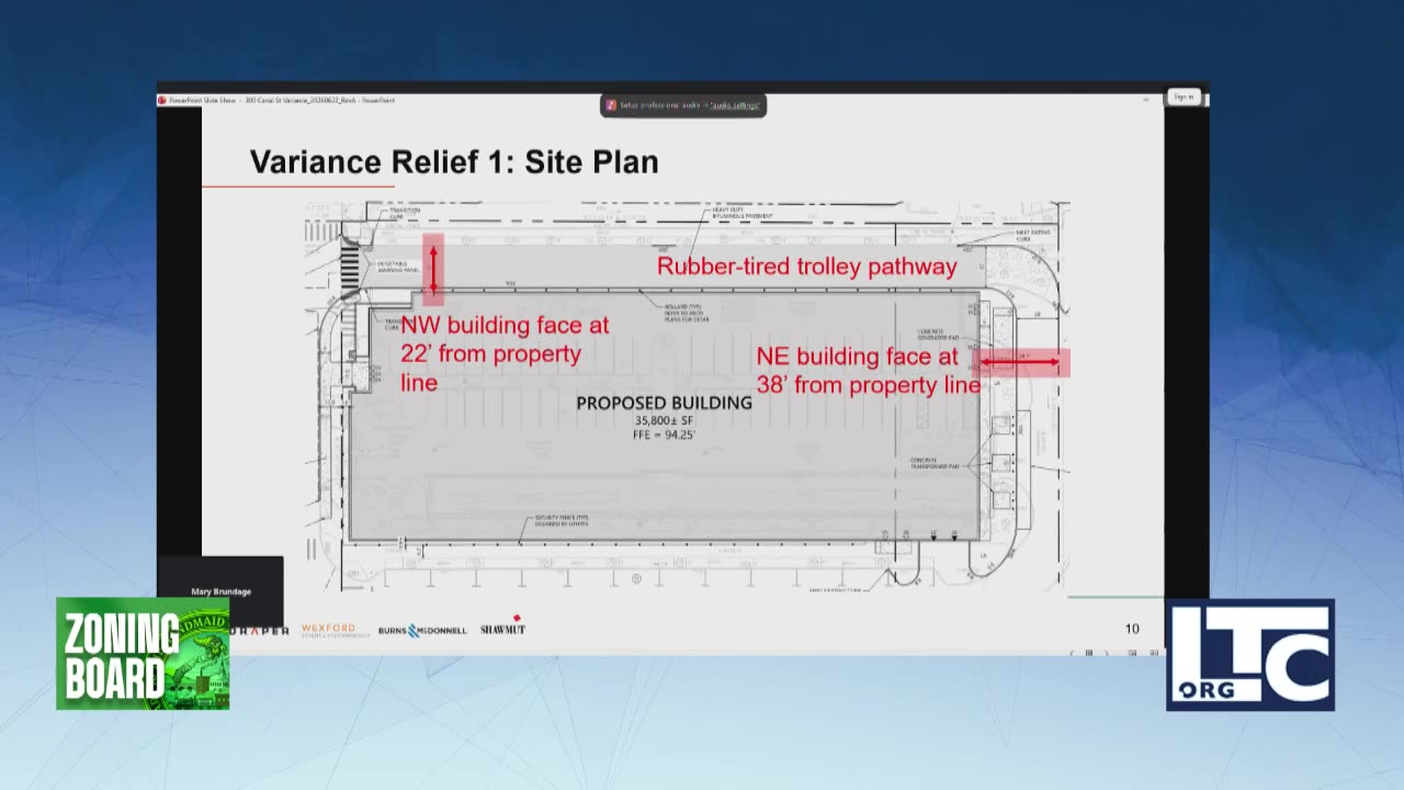 Site plan showing proposed building setbacks and trolley pathway
