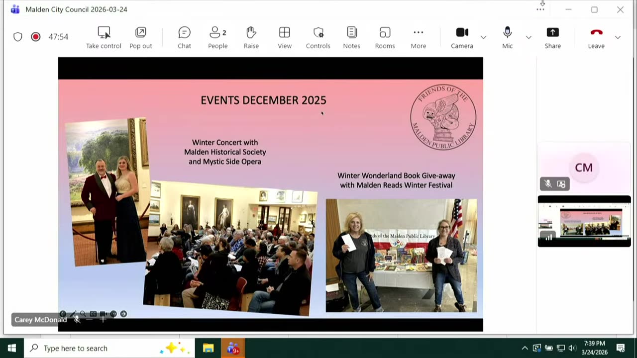 Events December 2025 slide listing concerts and book giveaways