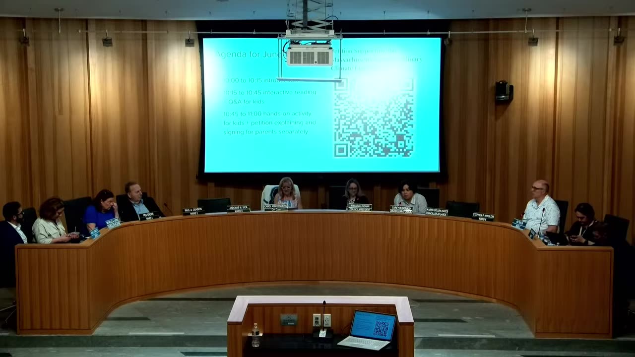 Council meeting agenda slide with schedule and QR code