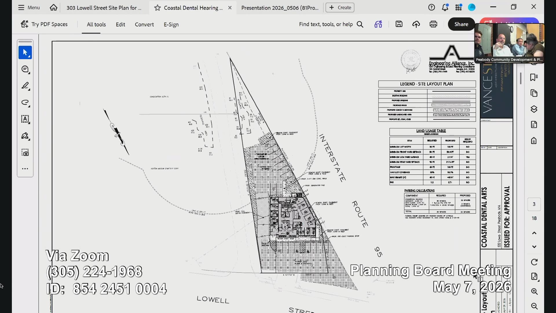 Site layout plan with legend, land use table, and parking data