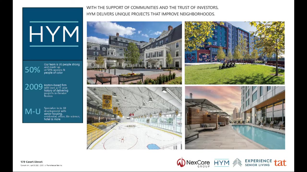 HYM overview slide with project photos, stats, and logos
