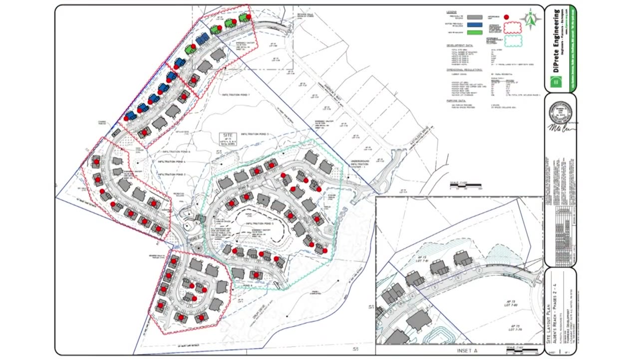 Engineering site layout plan with phases and infiltration ponds