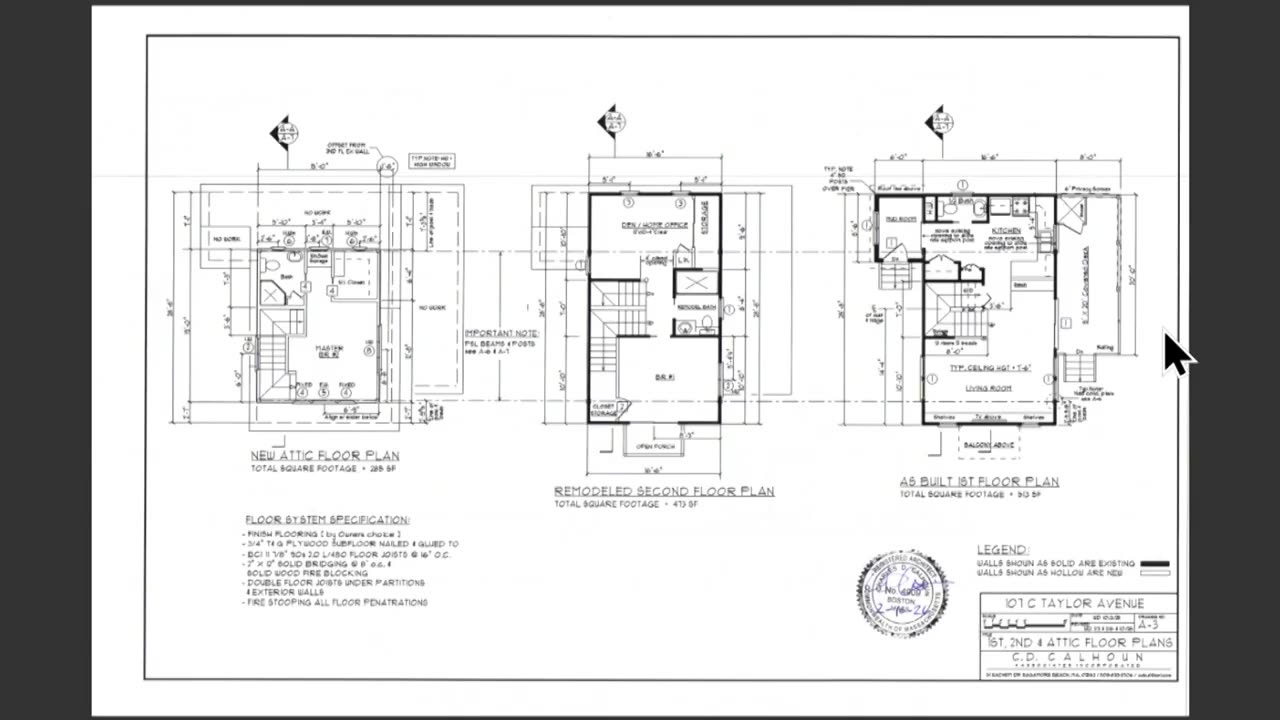 Architectural floor plans: attic, second floor, first floor