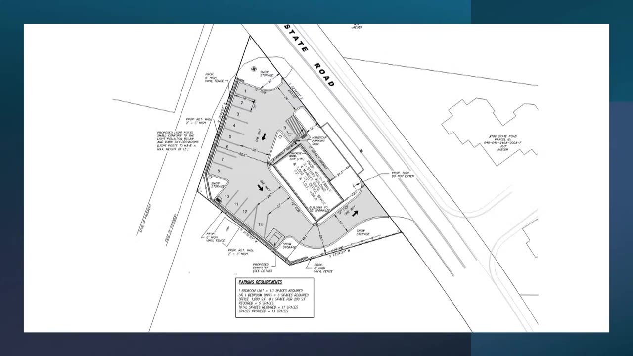 Site plan showing building layout, parking, and snow storage