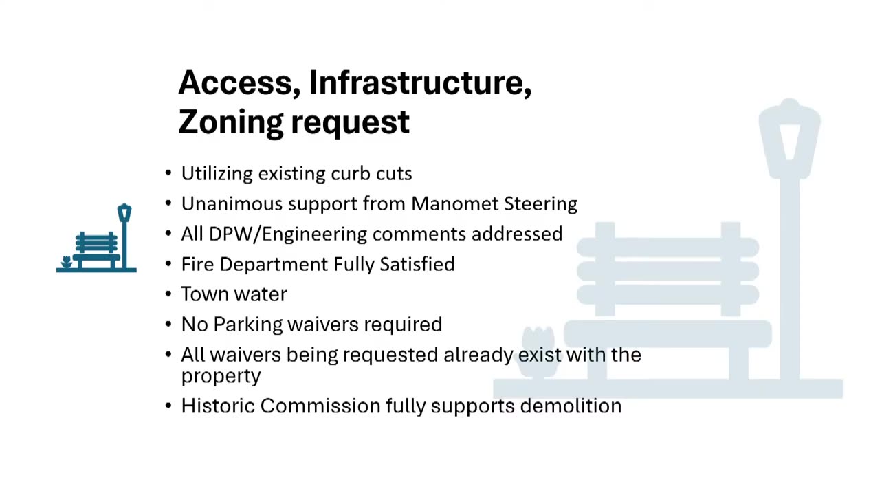 Slide: Access, infrastructure, and zoning request bullet points
