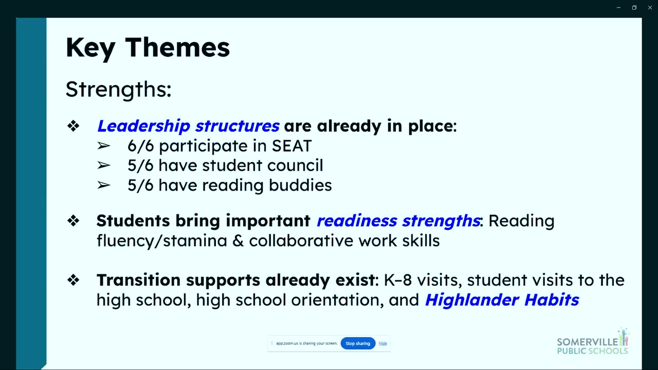 Key Themes slide: strengths in leadership structures, readiness, and transition supports