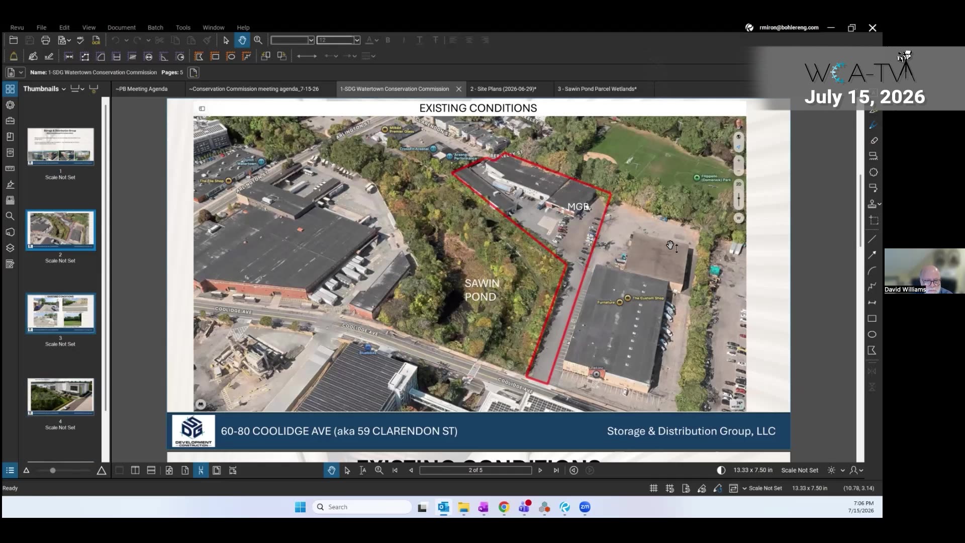 Aerial site plan of 60-80 Coolidge Ave showing existing conditions and Sawin Pond