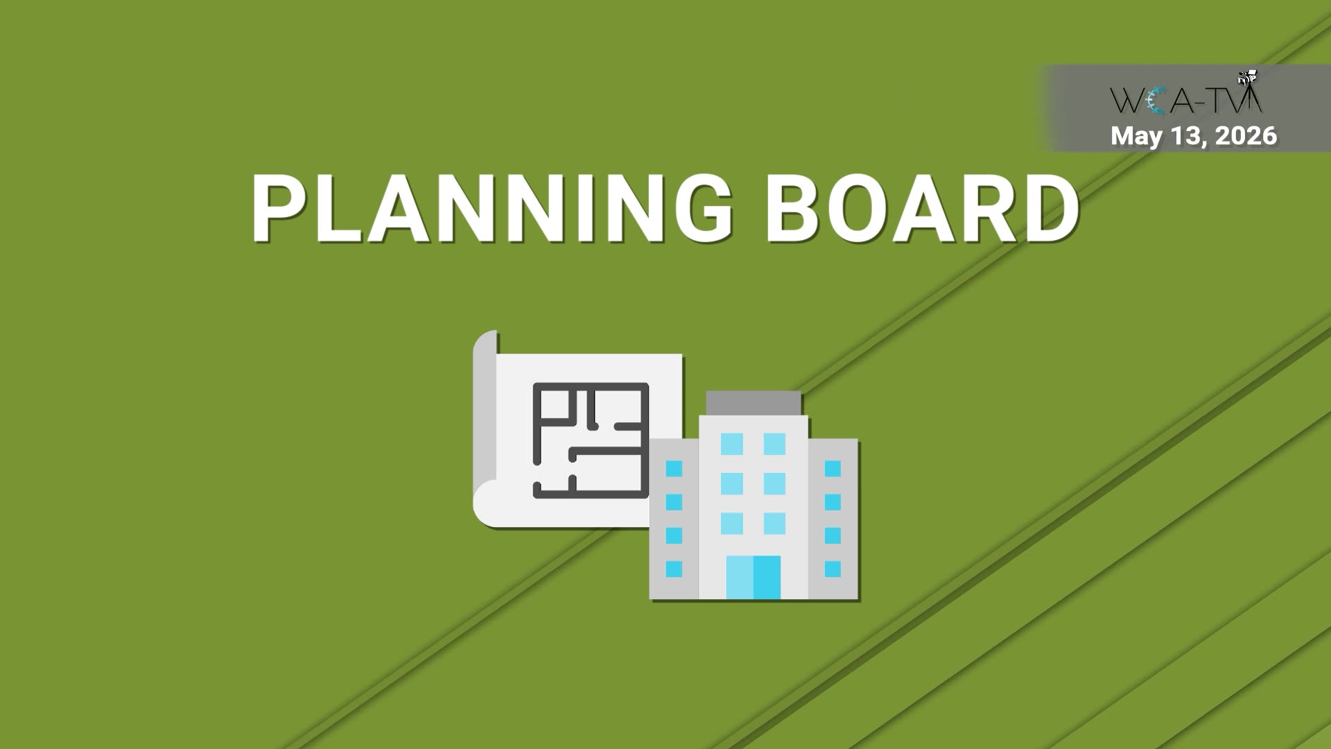Planning Board title graphic with blueprint and buildings
