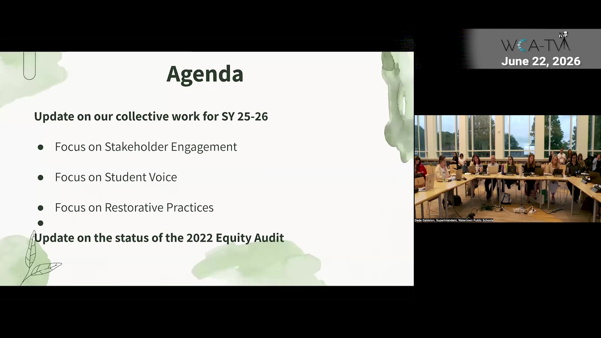 Meeting agenda: stakeholder engagement, student voice, restorative practices, equity audit