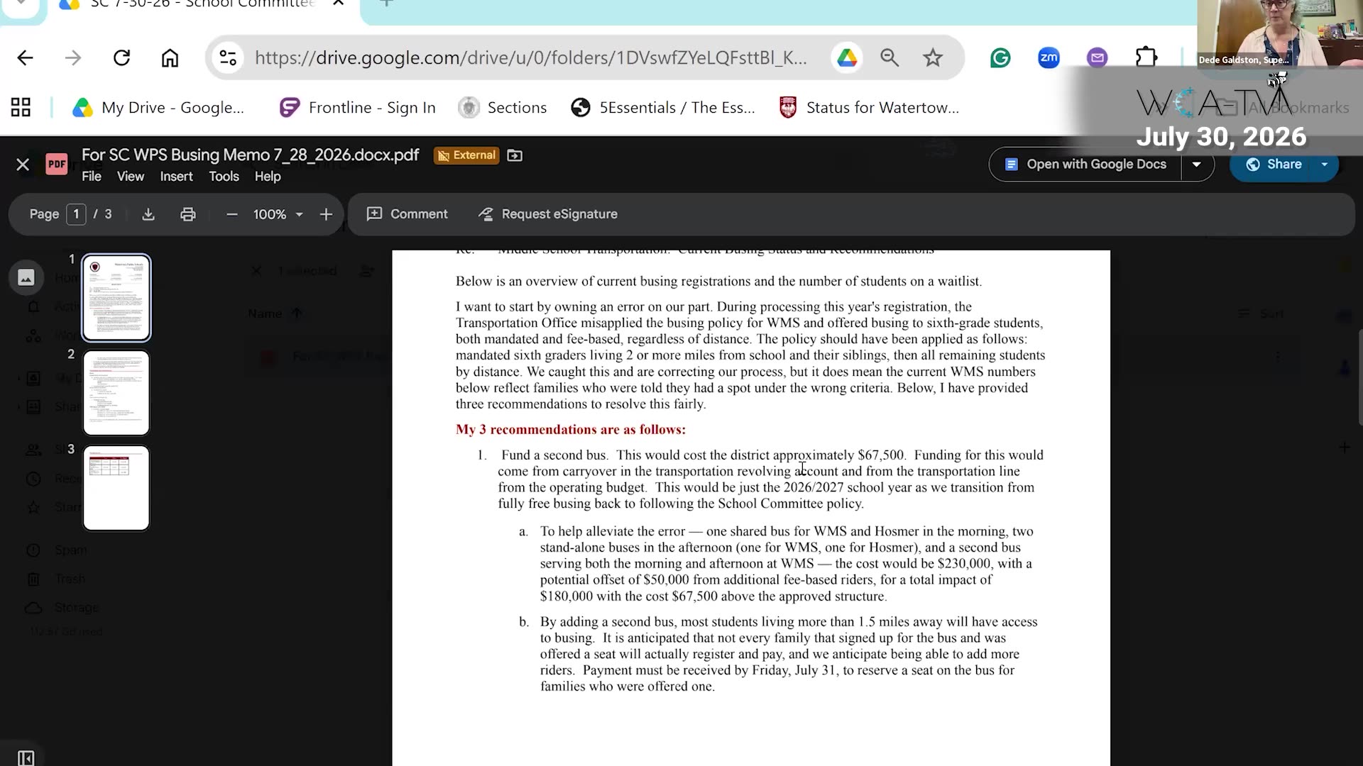 School busing memo with transportation recommendations