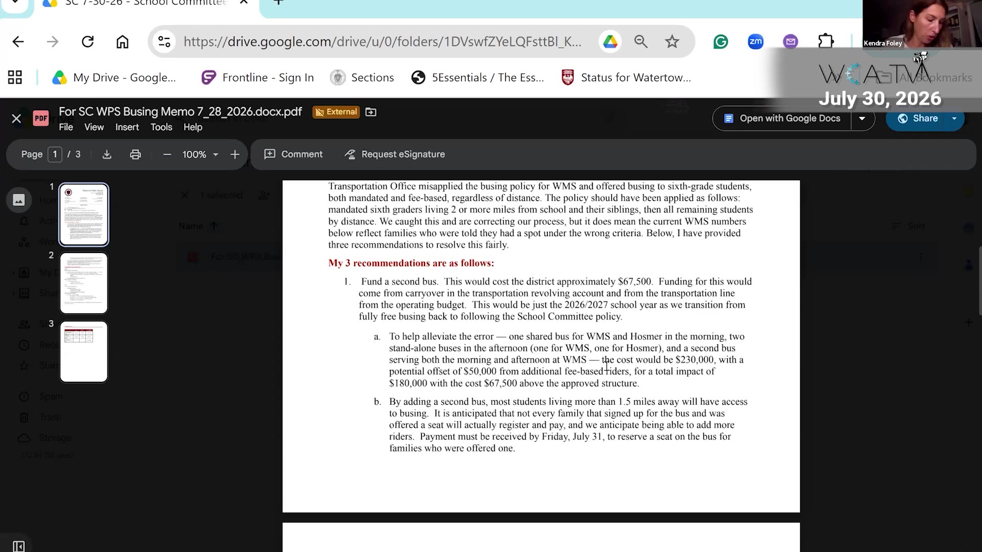 School busing memo with transportation recommendations