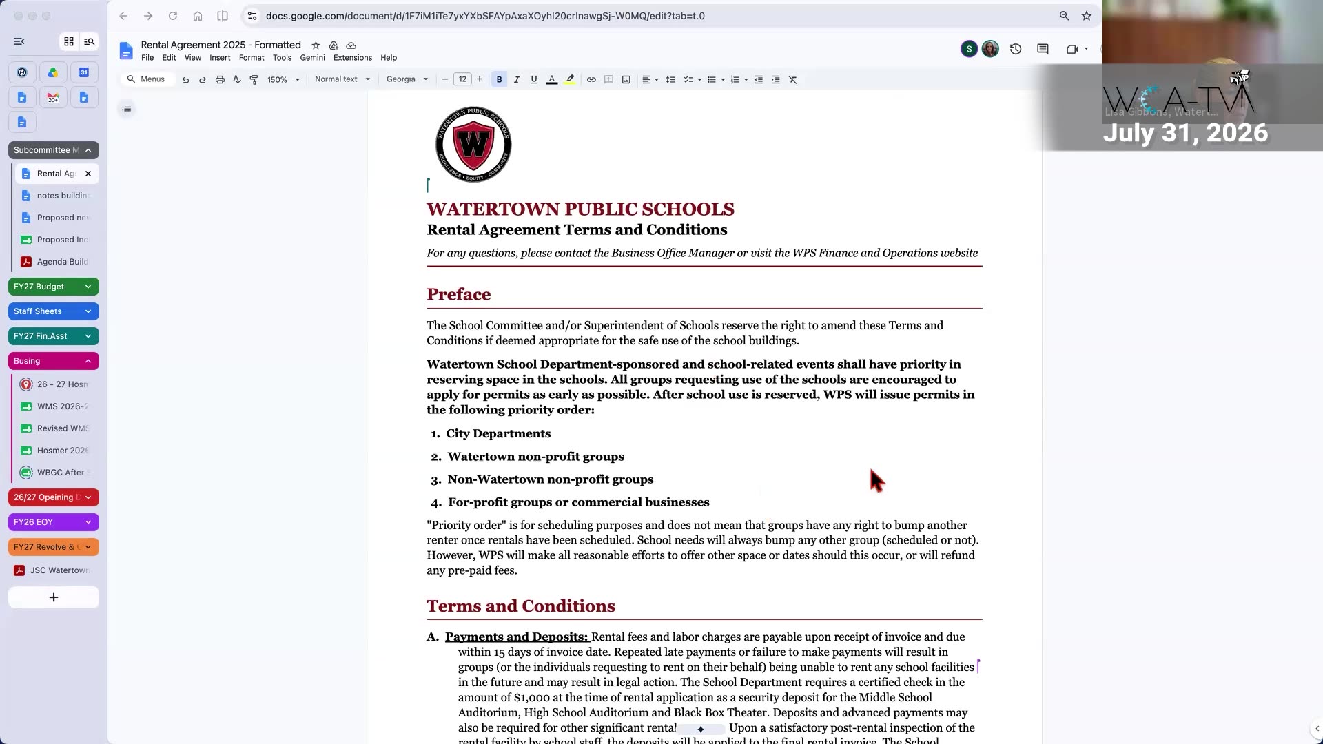 Watertown Public Schools rental agreement terms and priority order