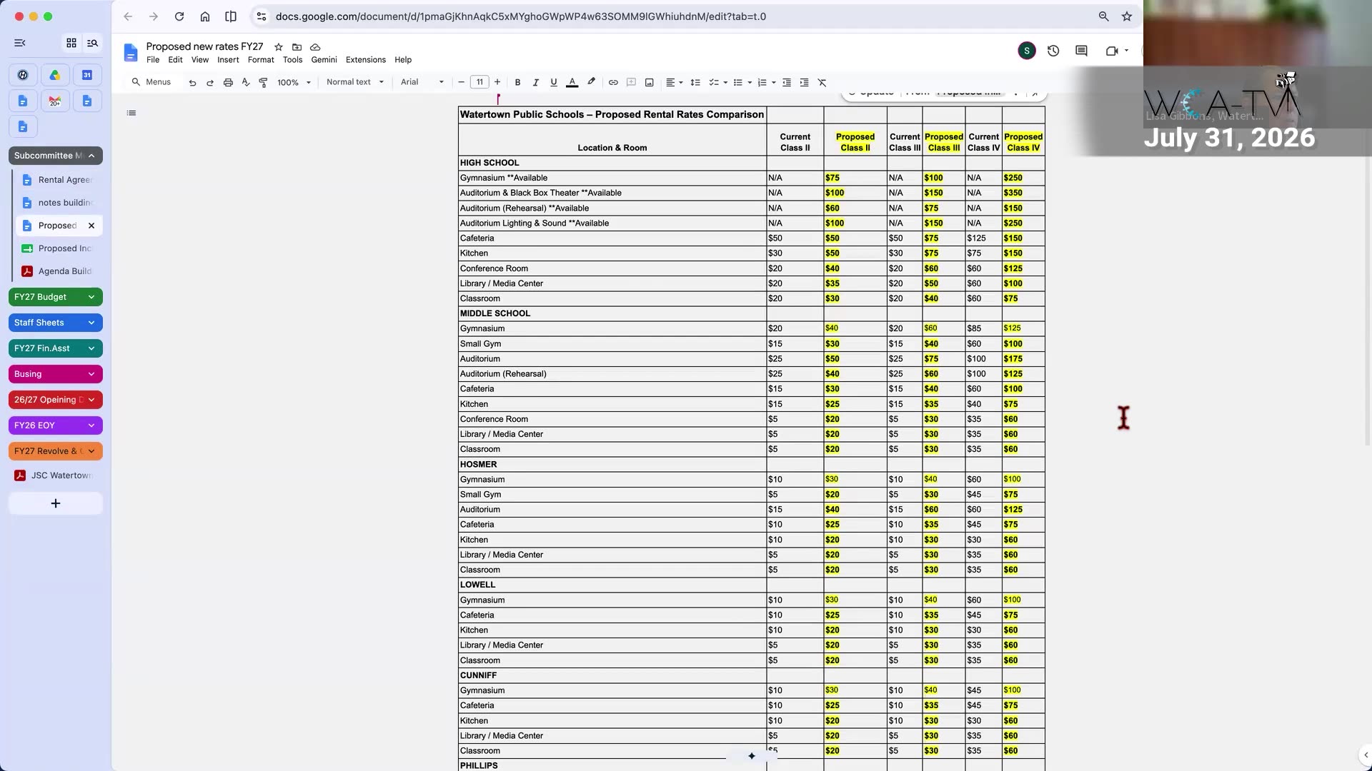 Watertown Public Schools proposed FY27 rental rates comparison table