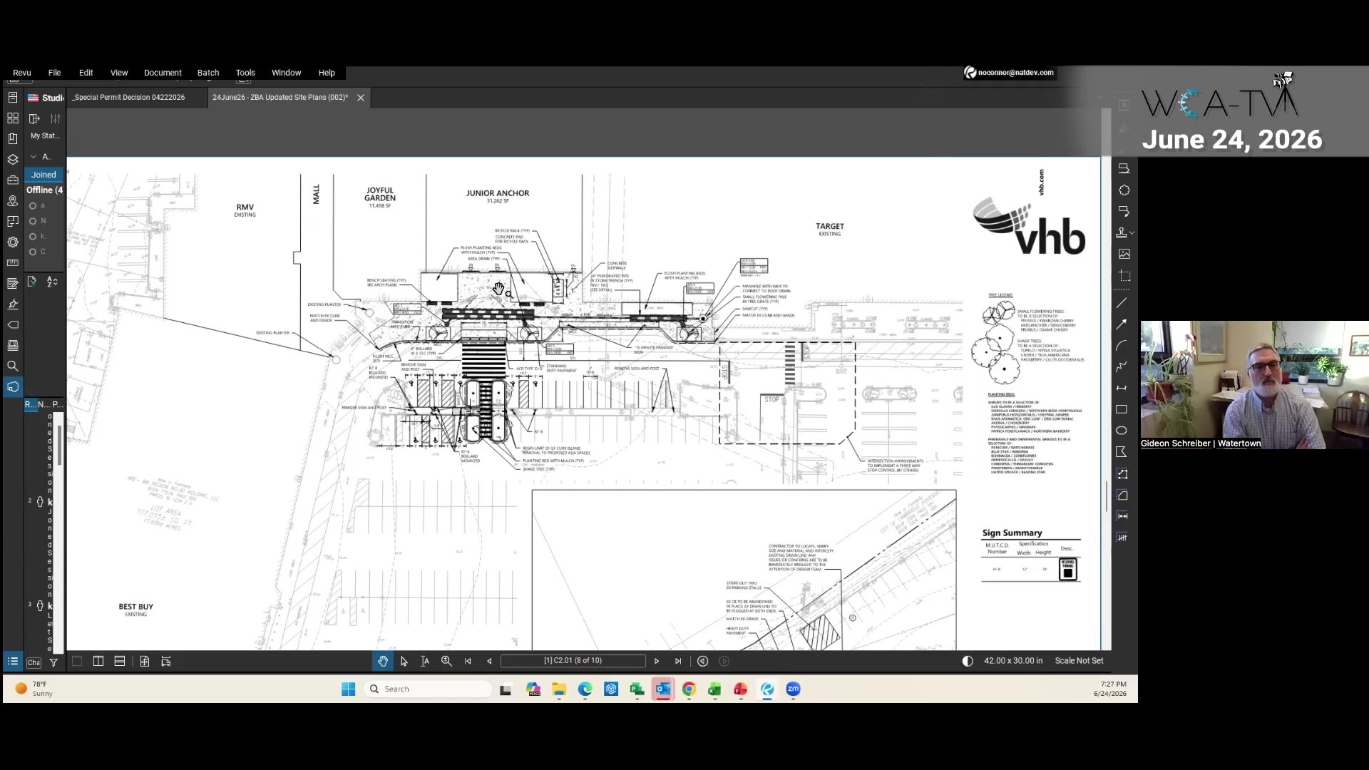 Site plan detail with parking, landscaping, and sign summary