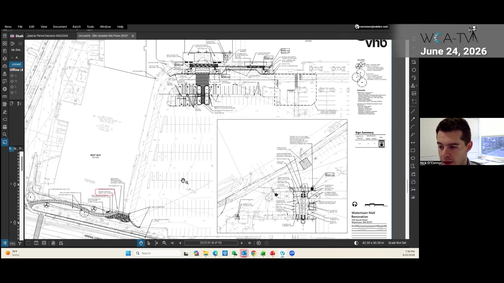Annotated site plan showing Arsenal Street improvements and parking layout