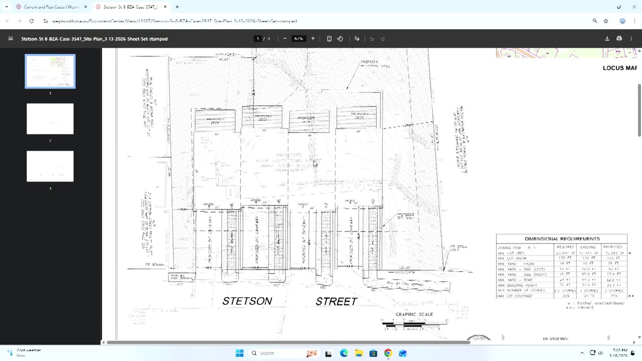 Site plan for Stetson Street townhouse project with dimensional requirements table