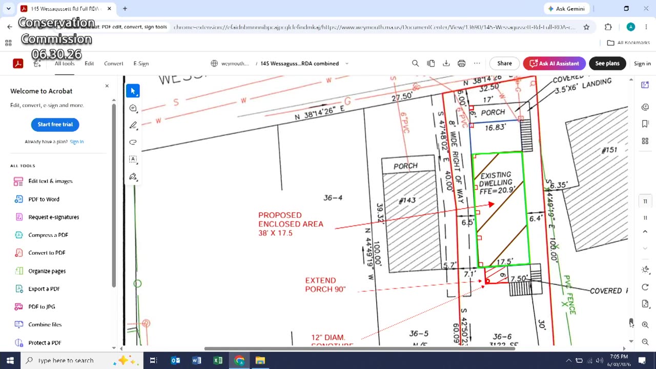 Site plan with proposed enclosed area, porch extensions, and dimensions