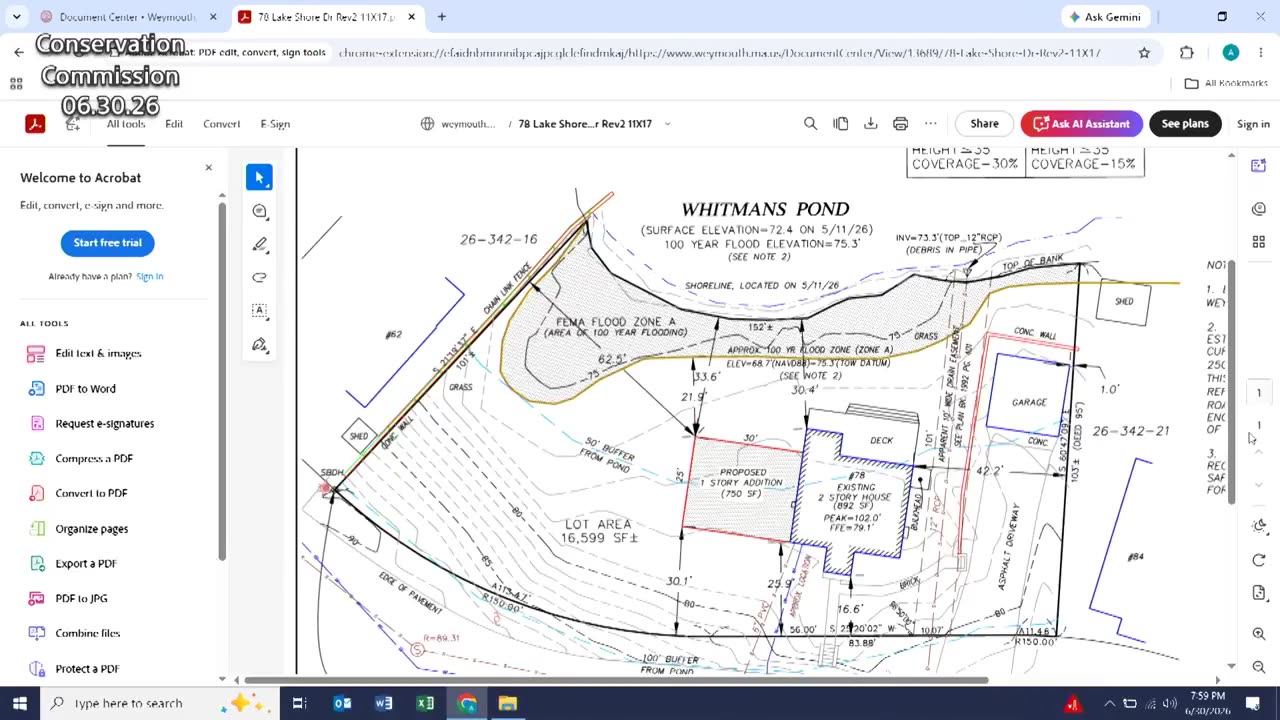 Site plan for Whitmans Pond showing proposed addition and flood zones