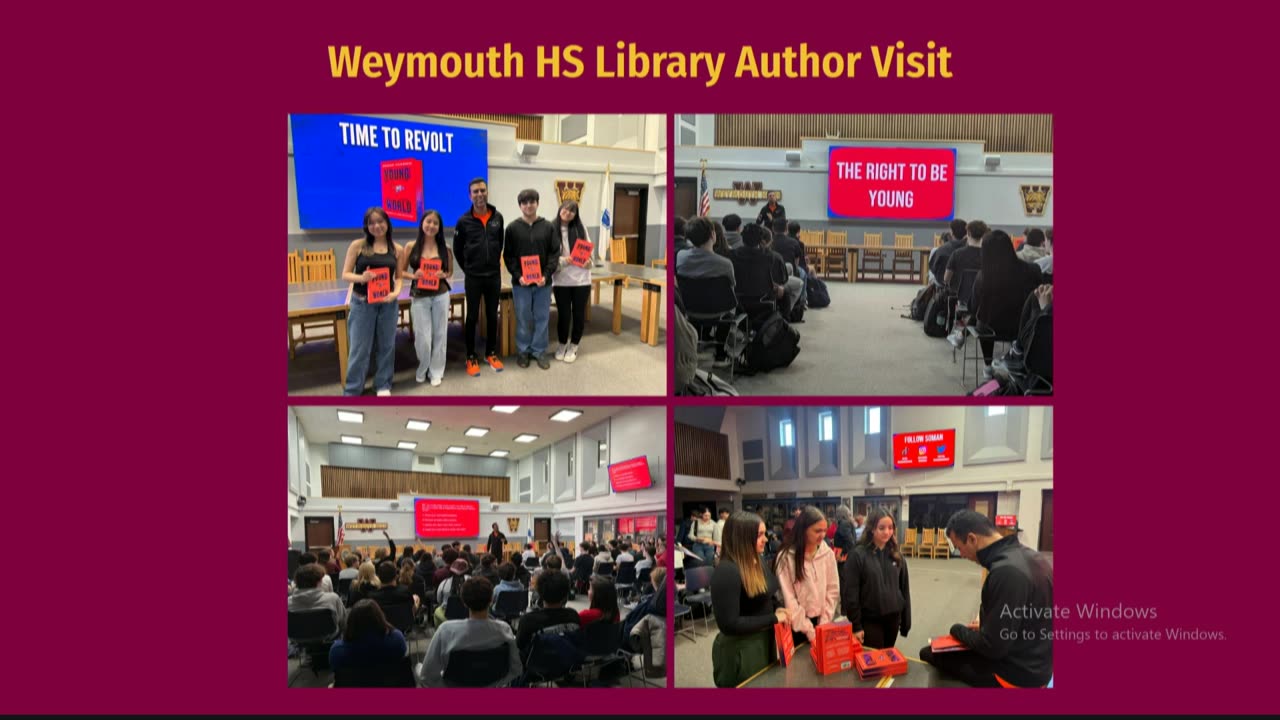 Weymouth HS Library Author Visit presentation slide with event photos