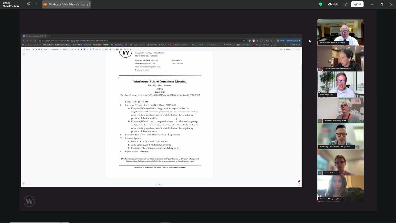 Meeting agenda document on shared screen