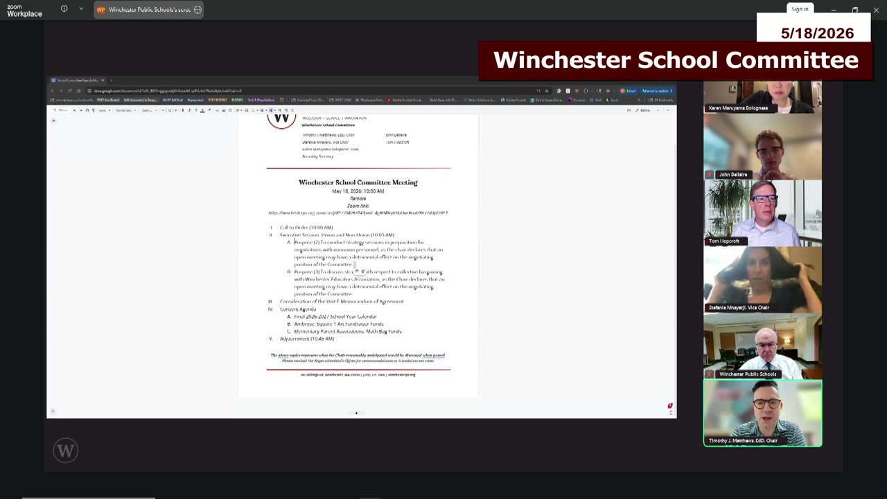 Meeting agenda document with Winchester School Committee banner